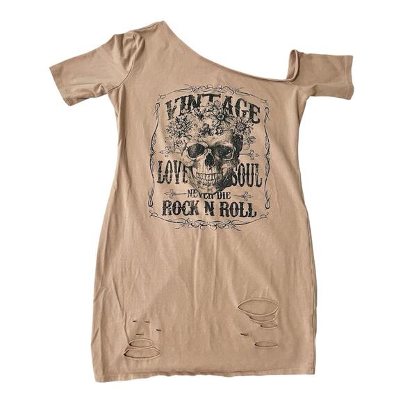 Fashion Nova Mini Dress Small Mocha Tan Distressed T Shirt Rock N Roll Concert - Picture 2 of 7